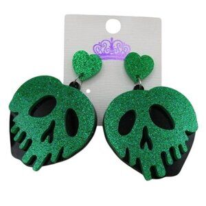 Black Green Glitter Poison Apple Skull Snow White Disney Dangle Earrings NEW